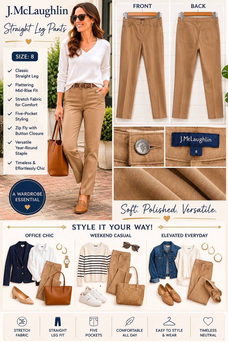 J McLaughlin Straight Leg Pants SZ8 Tan Stretch Casual Career Classic